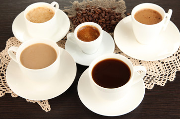 Assortment of different hot coffee drinks close up