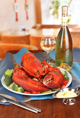 Red lobster on platter on serving table close-up