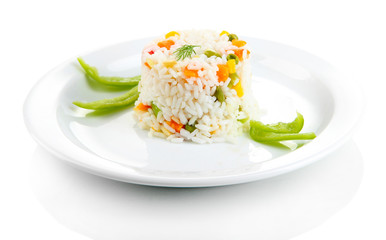 Delicious risotto with vegetables, isolated on white
