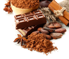 Composition of chocolate sweets, cocoa and spices, isolated