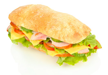 Fresh and tasty sandwich with ham and vegetables isolated