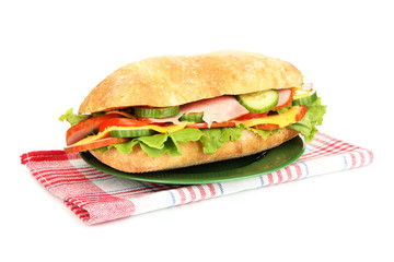 Fresh and tasty sandwich with ham and vegetables isolated