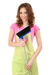 Young housewife with broom and dustpan, isolated on white