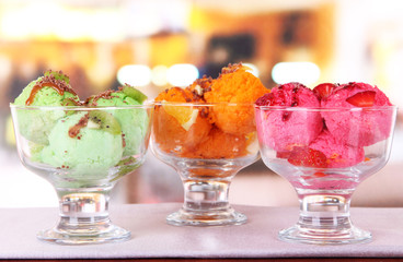 Delicious ice cream on table in cafe