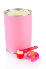 Powdered milk for baby with nipple isolated on white.