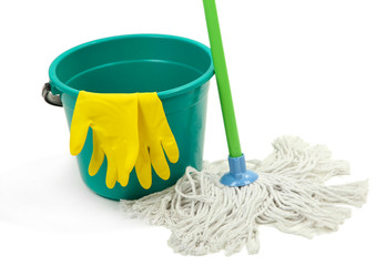 Mop, plastic bucket and rubber gloves, isolated on white