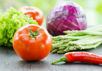 Various vegetables on wooden table