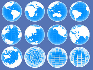 Set of 3d globe icons showing earth with all continents