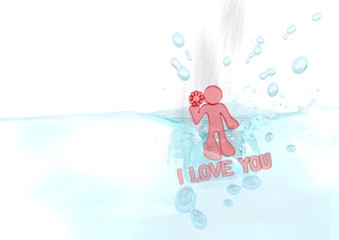 3d render of a isolated I love you icon fallen into water