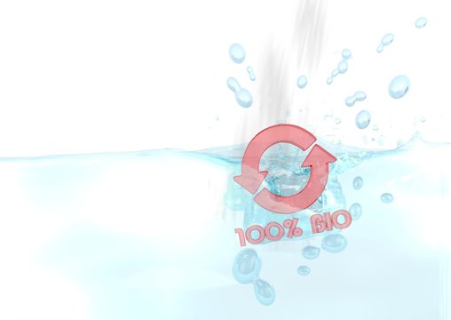 3d graphic of a splashing bio icon fallen into water