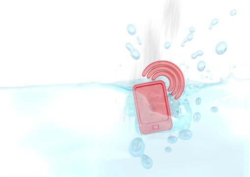3d render of a sinked smart phone icon fallen into water