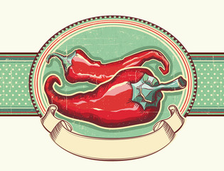 Vintage label with Red hot peppers.Vector illustration for text