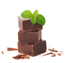 Closeup  pieces of chocolate parts and mint leaves isolated on w