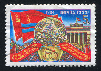 Turkmen Soviet Socialist Republik flags and arms