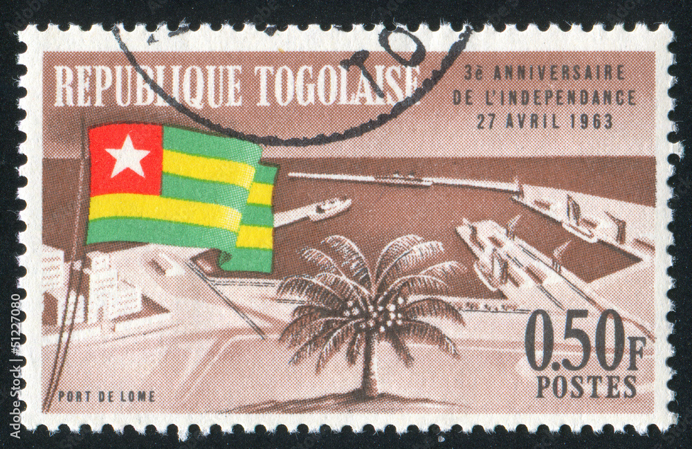 Poster Togolese Flag and Lome Harbour