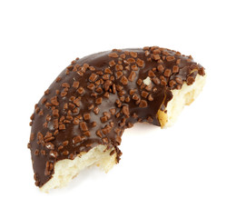 Half eaten brown chocolate donut