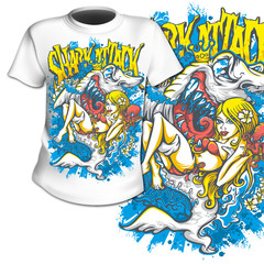 T-Shirt Print Comic Shark