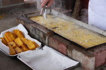 man while Cook crispy cuisine cream made with cornmeal
