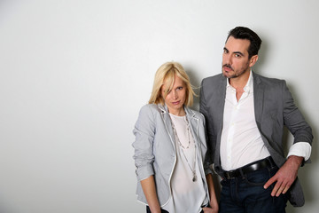 Trendy couple on white background