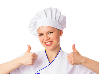 Happy smiling female chef showing ok, isolated on white