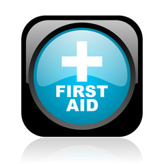 first aid black and blue square web glossy icon