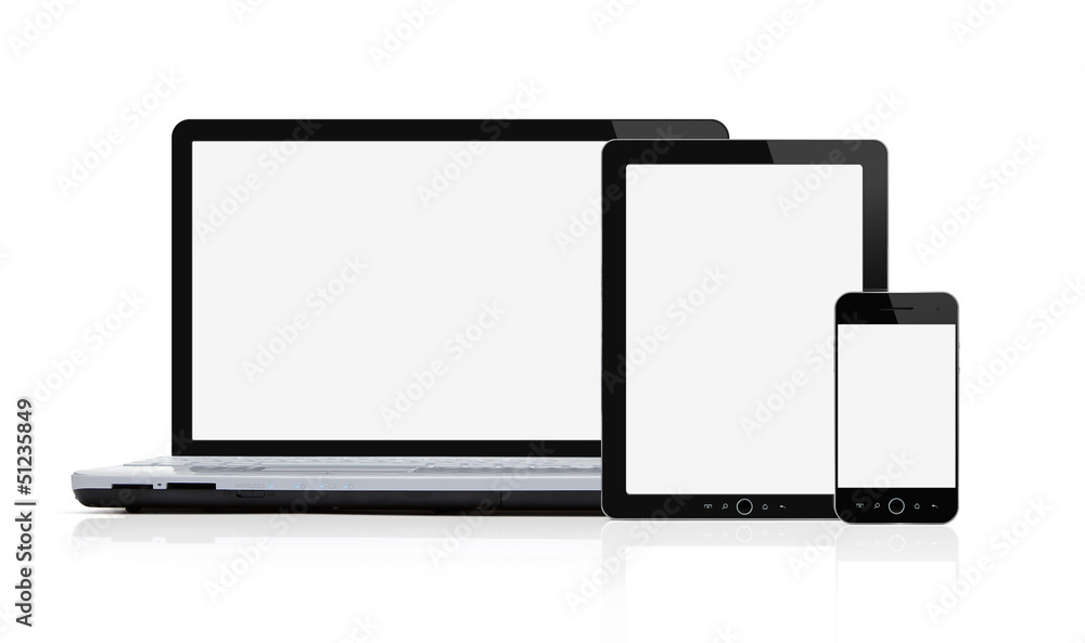 Poster set of blank mobile devices with clipping path for screens