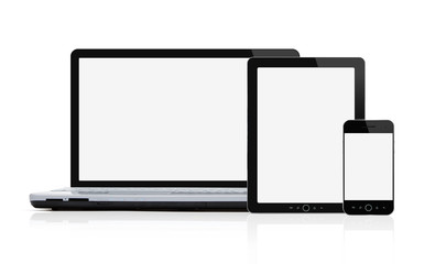 Set of blank mobile devices with clipping path for screens