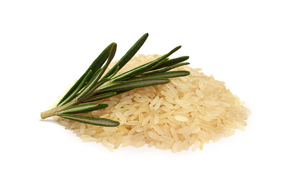 White rice with a sprig of rosemary