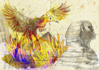 An hand drawn illustration - Pyramid, Sphinx, Phoenix