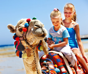 Tourists riding camel  on the beach of  Egypt.