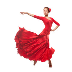 woman dancer wearing red dress - obrazy, fototapety, plakaty