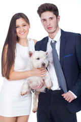 young couple safe pet dog