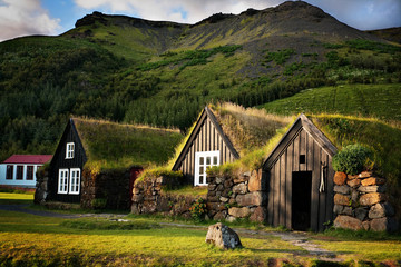 Traditional Icelandic Turf Houses near Skógar - obrazy, fototapety, plakaty