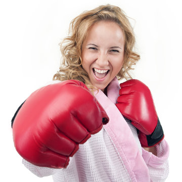 A housewife with boxing gloves