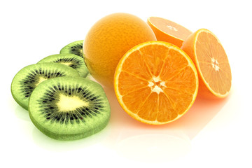 Naklejka na ściany i meble slices of kiwi, orange and half orange on a white