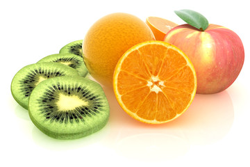 slices of kiwi, apple, orange and half orange on a white