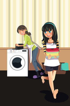 Mother Daughter Doing Laundry