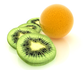 slices of kiwi and orange on a white