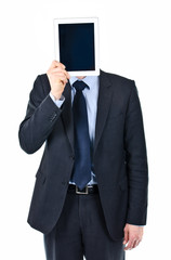 businessman holding Ipad in front of his head