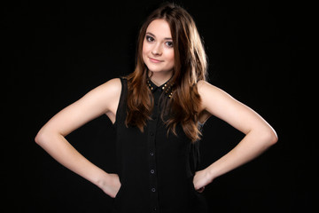 portrait of young woman party clothes studs collar