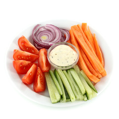 Assorted raw vegetables sticks in plate isolated on white