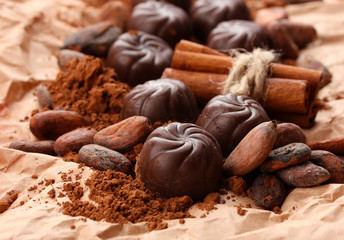 Composition of chocolate sweets, cocoa and  spices
