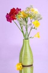 Beautiful bouquet of freesia in vase on purple background