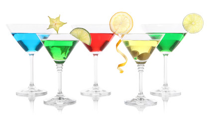 Alcoholic cocktails in martini glasses isolated on white
