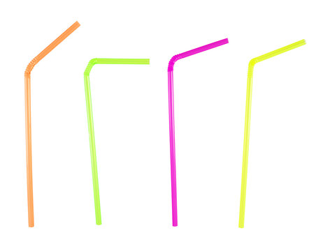 Set of four bent drinking straws over white background