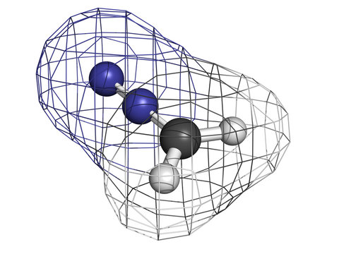 Diazomethane (CH2N2) explosive chemical, molecular model.