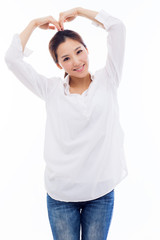 Fototapeta premium Beautiful Asian casual woman show heart shape.