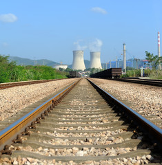 Fototapeta na wymiar Industrial landscape with chimneys and train