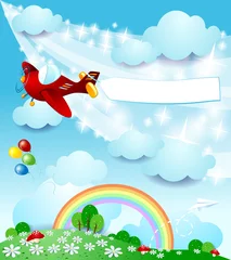 Foto auf Acrylglas Flugzeuge, Ballon Frühlingslandschaft mit Flugzeug und Banner