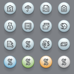 Finance web icons with color buttons on gray background.